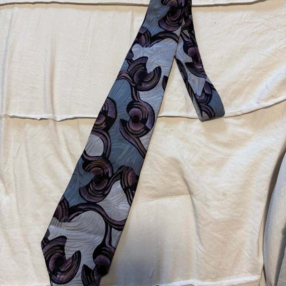 Monsieur Givenchy Mens Silk Tie Purple Gray Abstract Swirls